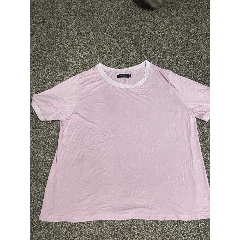 MEROKEETY lilac/light pink Short Sleeve Casual Ringer Shirt XL